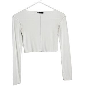 Zara Raw Edge Cropped Long Sleeve Top White Size Small